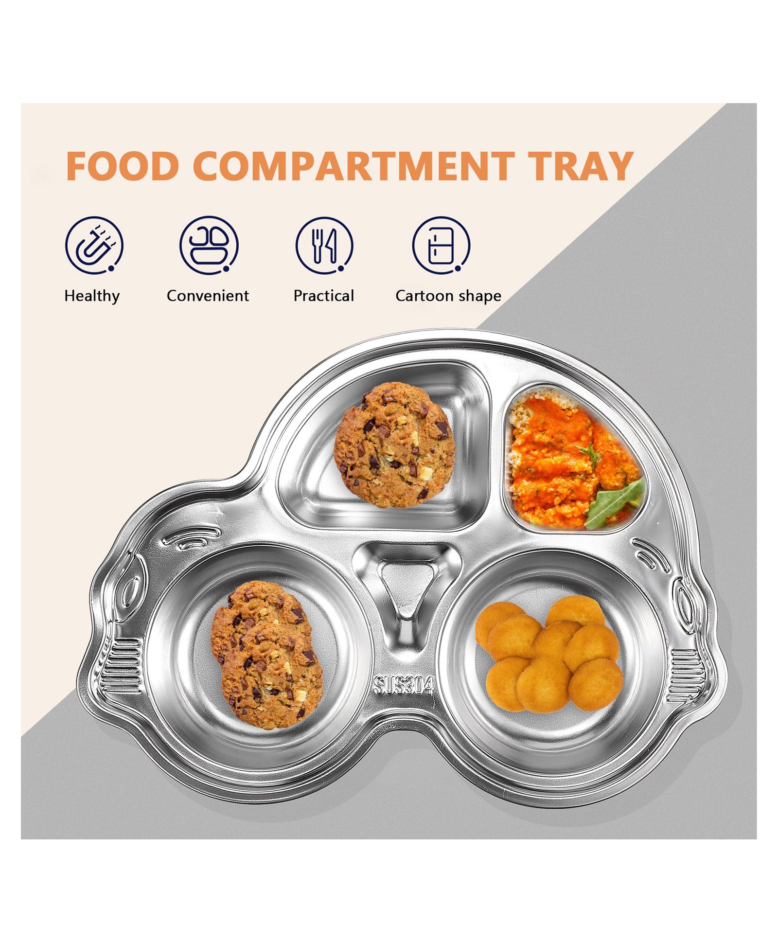 Stainless Steel Divided Meal Plate Tray-5 Compartments Dinner Dish for Baby- Car Design