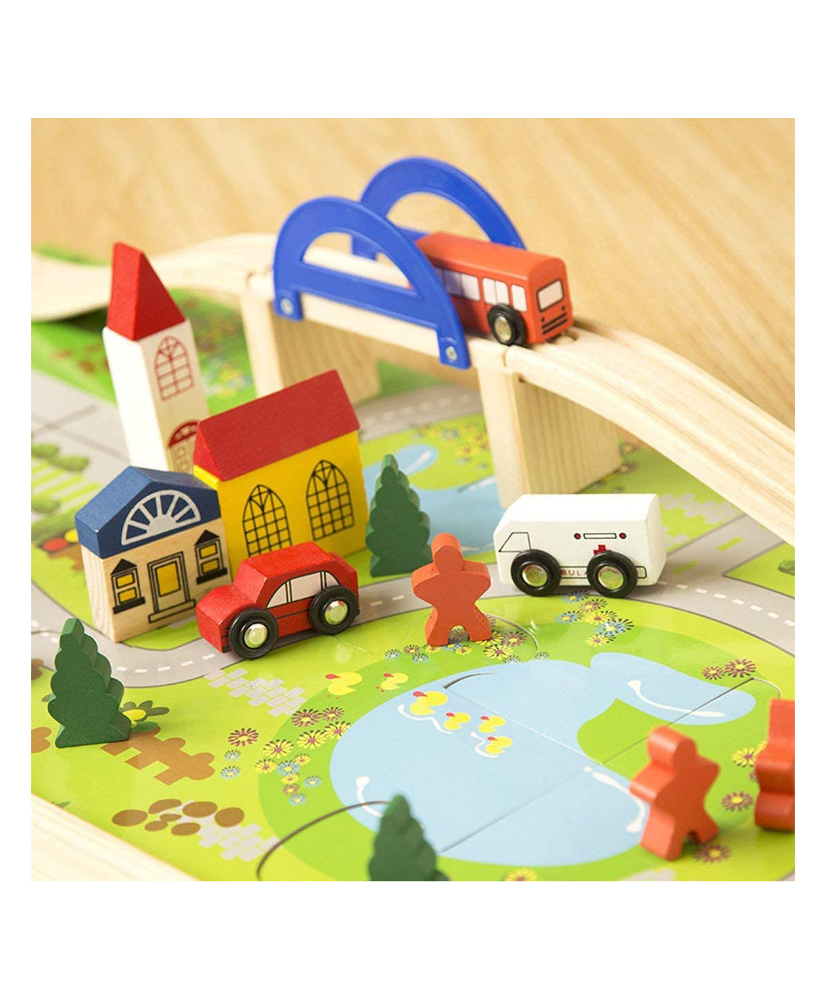 40 PCS Wooden Track Car Bridge Toy Set with Puzzle Playmat & Scenic Accessories