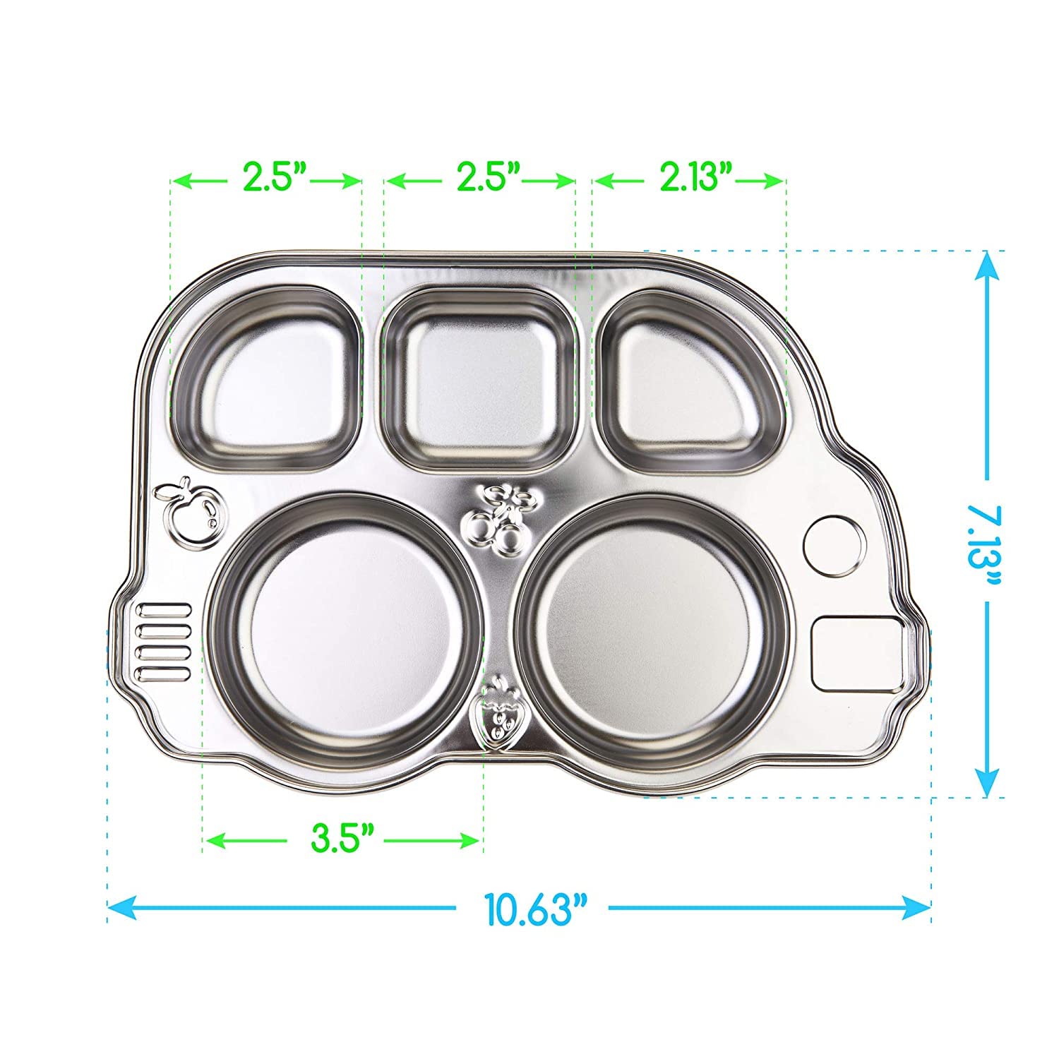 Stainless Steel Divided Meal Plate Tray-5 Compartments Dinner Dish for Baby- Bus Design