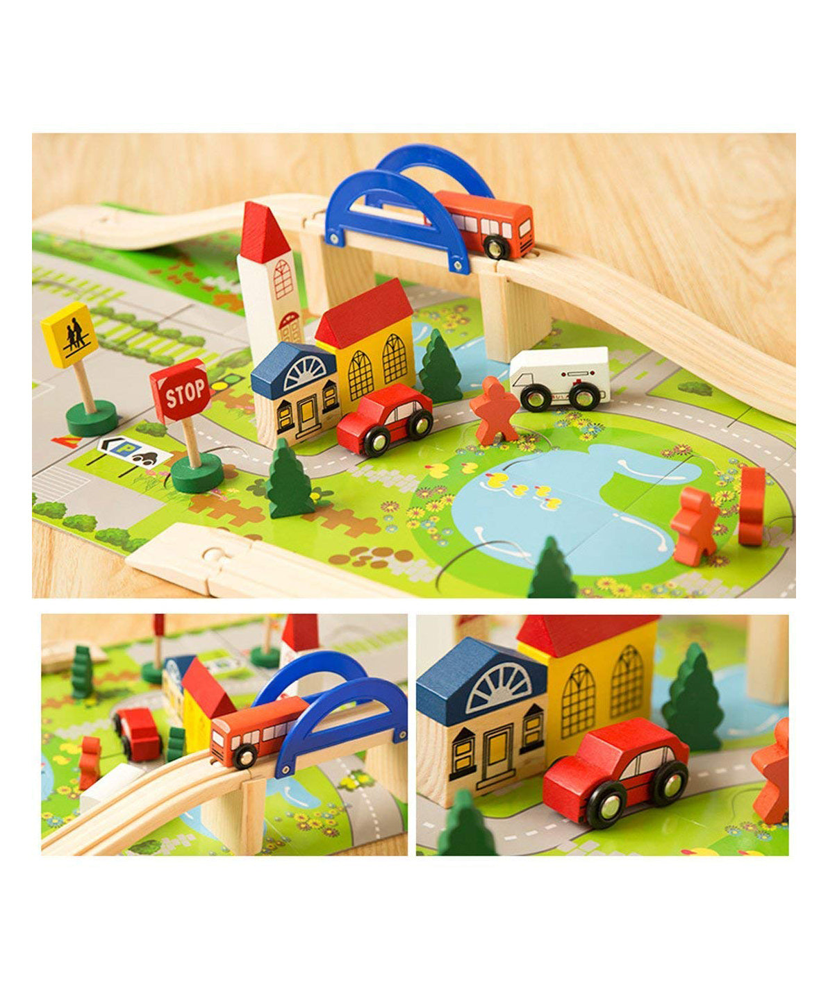 40 PCS Wooden Track Car Bridge Toy Set with Puzzle Playmat & Scenic Accessories