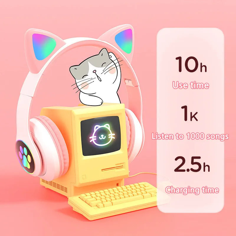 Cute Cat Ear Wireless Headphones- LED Lights, Noise Cancelling & Bluetooth 5.0