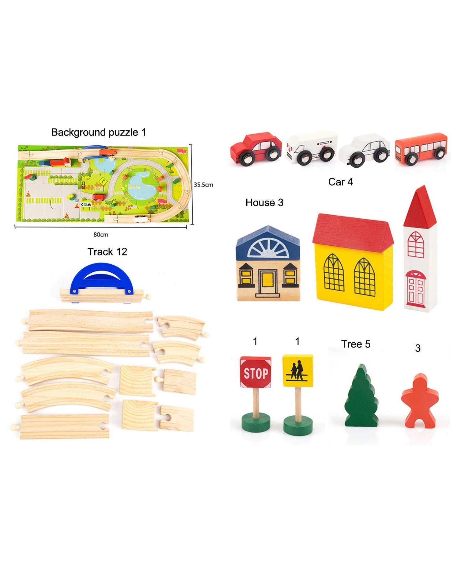 40 PCS Wooden Track Car Bridge Toy Set with Puzzle Playmat & Scenic Accessories