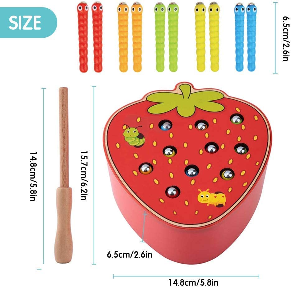 Wooden Sorting & Stacking Toy- Skills Enhancement Motor Skill Toy for Toddlers/ Kid -Magnetic Strawberry- Capture The Worms Toy