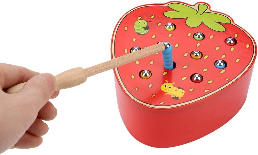 Wooden Sorting & Stacking Toy- Skills Enhancement Motor Skill Toy for Toddlers/ Kid -Magnetic Strawberry- Capture The Worms Toy