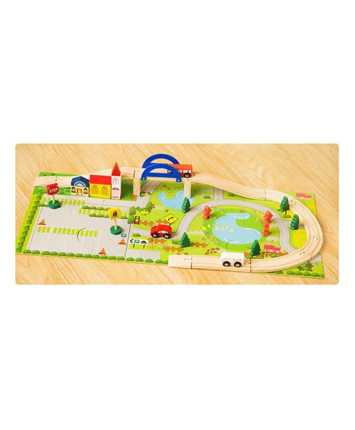 40 PCS Wooden Track Car Bridge Toy Set with Puzzle Playmat & Scenic Accessories