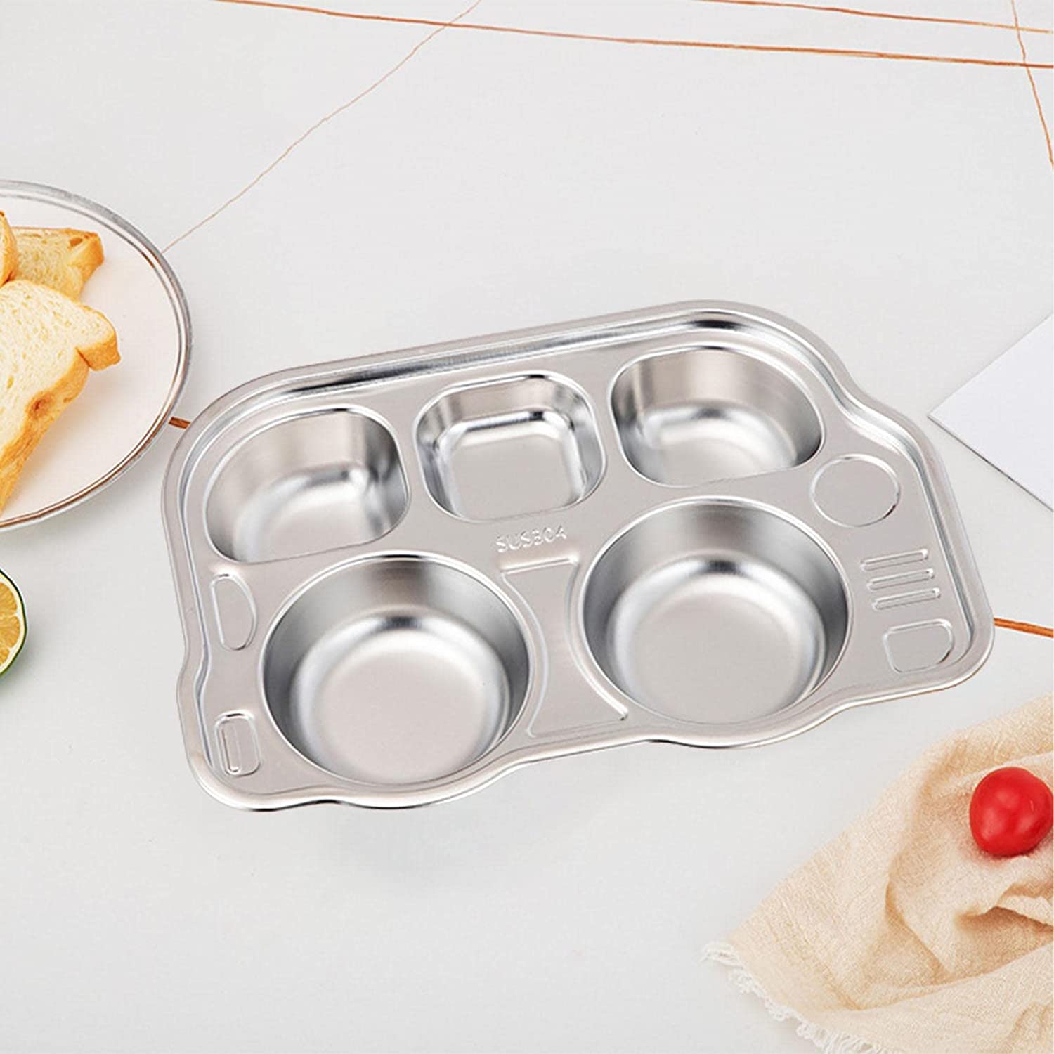 Stainless Steel Divided Meal Plate Tray-5 Compartments Dinner Dish for Baby- Bus Design