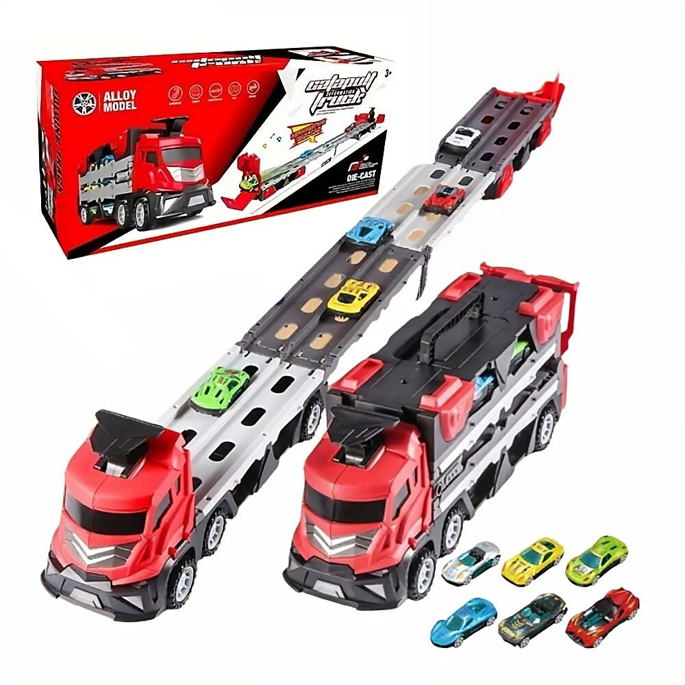 Mega Hauler Truck with Ejection Race Track & Storage Transporter with 6 Diecast Cars