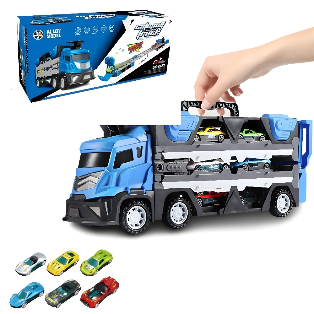 Mega Hauler Truck with Ejection Race Track & Storage Transporter with 6 Diecast Cars