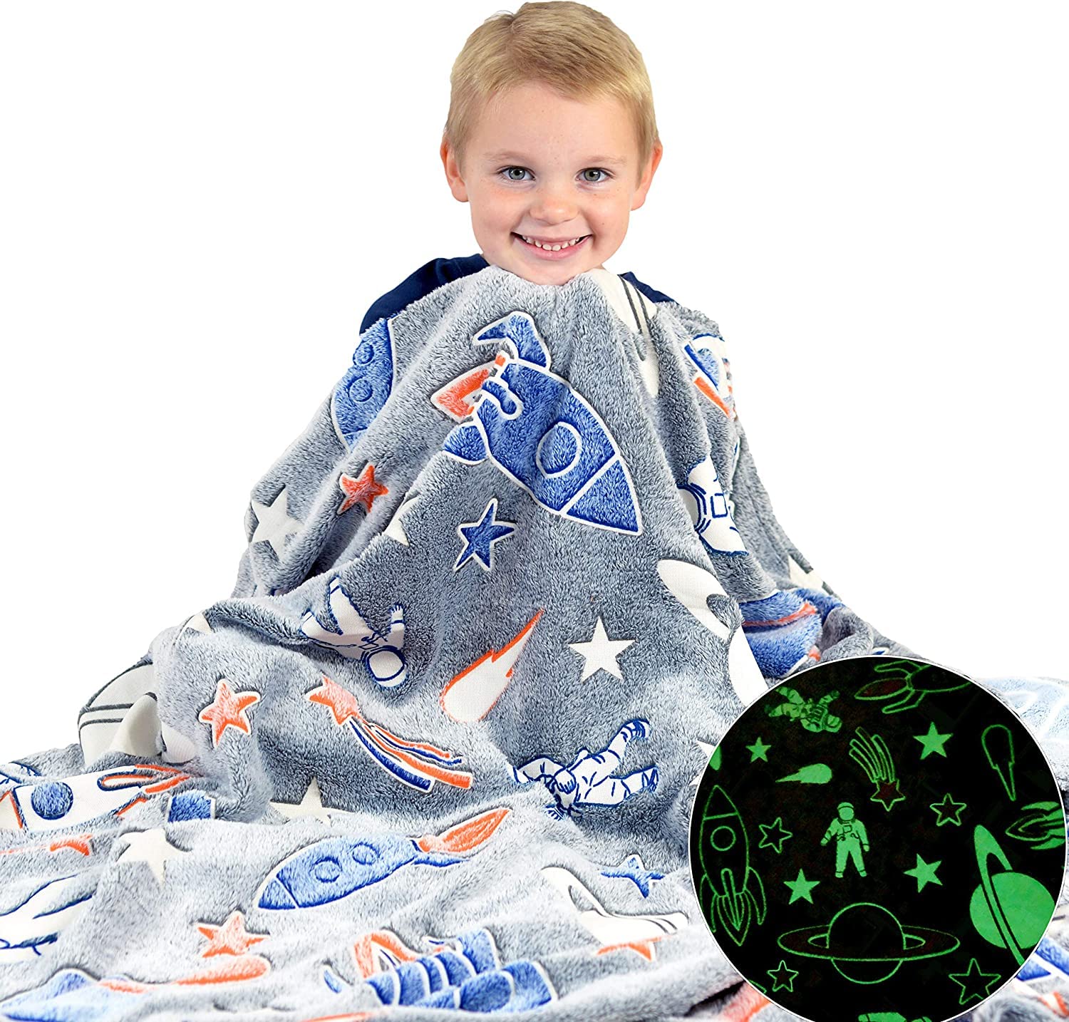 Glow in The Dark Blanket Gifts for Toddler Kids Teen Girls| 80 x 70 inch/ 200cm x 180cm |All Season Lightweight Throw Blankets|Soft Cozy Fluffy - Grey Rocket